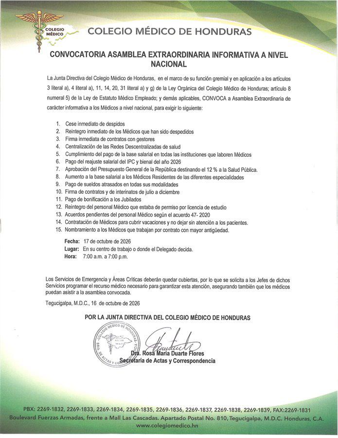 El Colegio Médico de Honduras convocó para este sábado a una nueva jornada de asambleas informativas a nivel nacional.