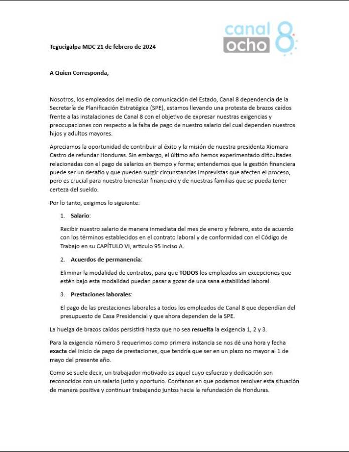 Este es el comunicado público de los empelados del Canal 8 donde externan una serie de peticiones.