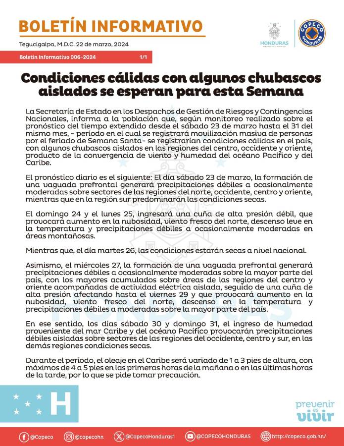 Pronostican lluvias y bajas temperaturas para Semana Santa en SPS