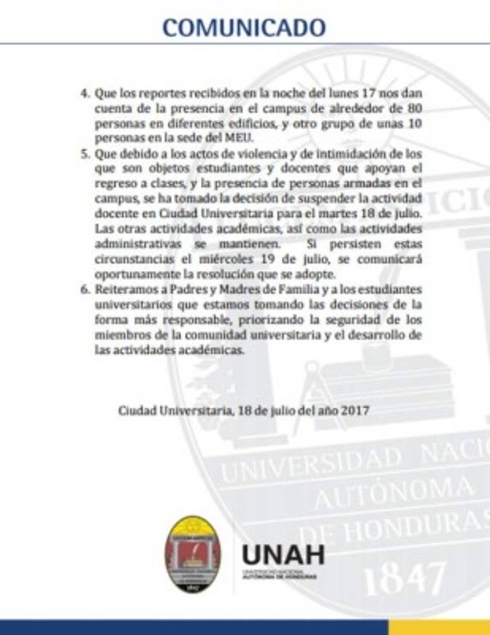 Este es el comunicado emitido este martes por la Universidad Nacional Autónoma de Honduras.