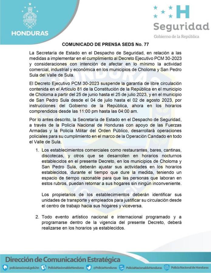 Toque de queda cambia de horario para San Pedro Sula y Choloma