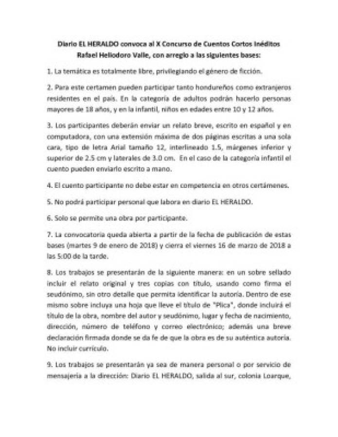 Convocatoria al X Concurso de Cuentos Cortos Inéditos Rafael Heliodoro Valle