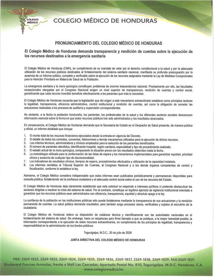 El gremio, mediante un comunicado, se pronunció este jueves exigiendo a las autoridades gubernamentales que rindan cuentas por los fondos ejecutados durante la emergencia sanitaria.