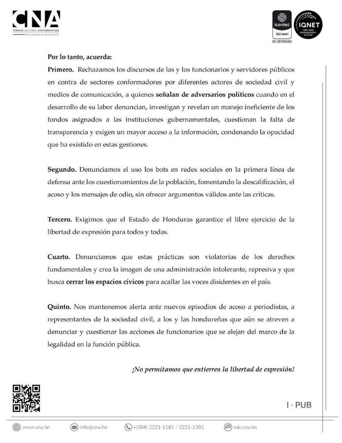 CNA publica acuerdo de duelo por “entierro de la libertad de expresión”