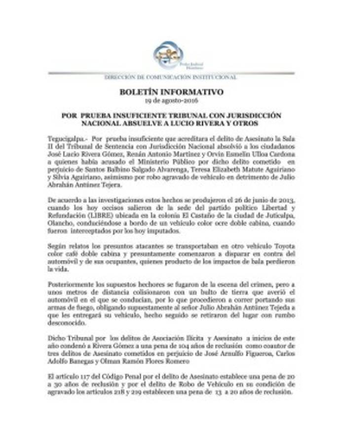 Honduras: Absuelven a Lucio Rivera y otras dos personas por el delito de asesinato