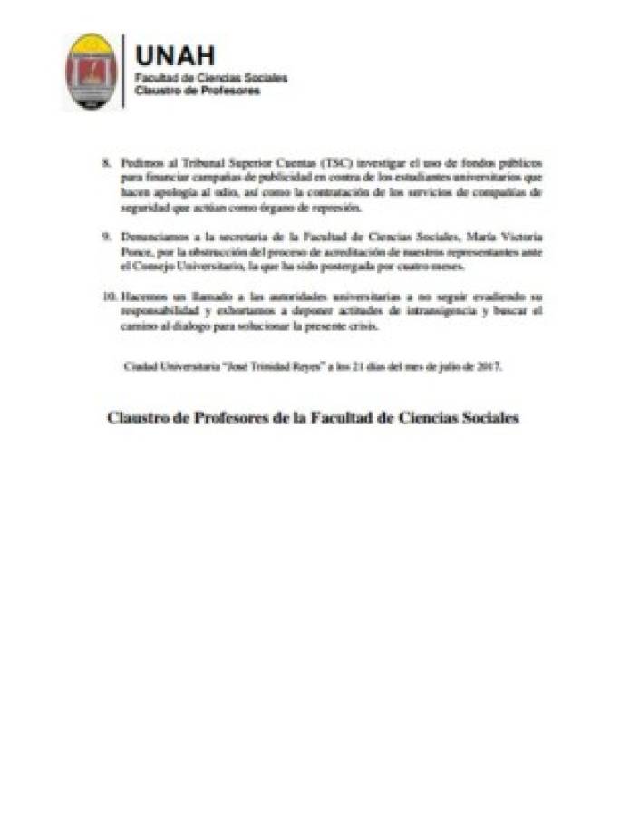 Este es el comunicado emitido por el Claustro de Profesores de Ciencias Sociales de la UNAH.