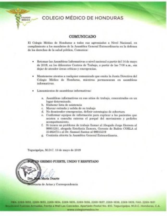 Colegio Médico de Honduras convoca a asambleas informativas el martes 14 de mayo