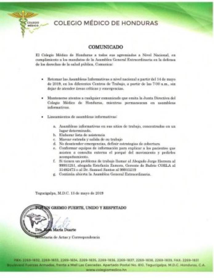 Colegio Médico de Honduras convoca a asambleas informativas el martes 14 de mayo