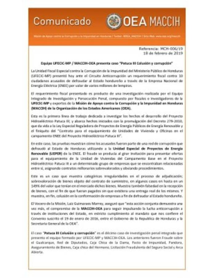 MACCIH‐OEA presenta caso 'Patuca III Colusión y corrupción”
