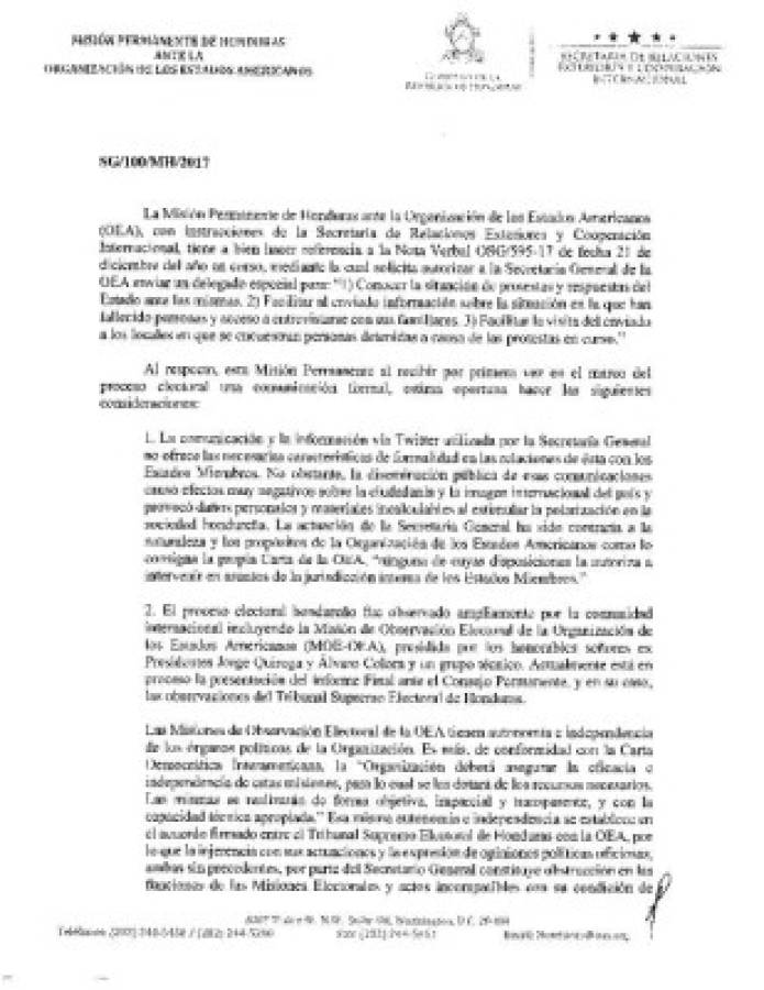   Honduras rechaza petición de OEA sobre envío de delegado para constatar crisis política