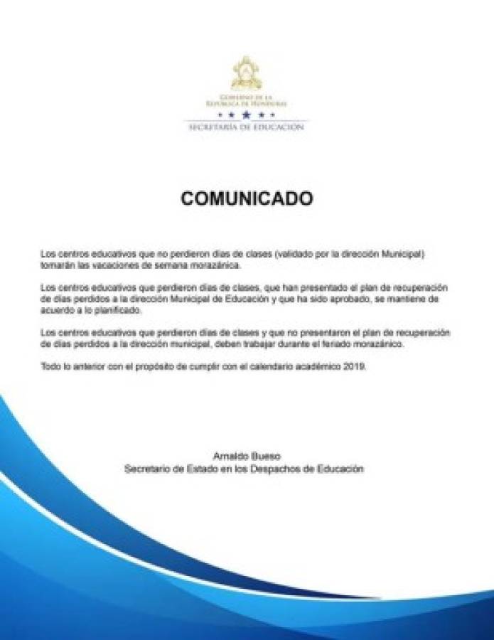 Honduras: Varios colegios deberán recibir clases en feriado morazánico