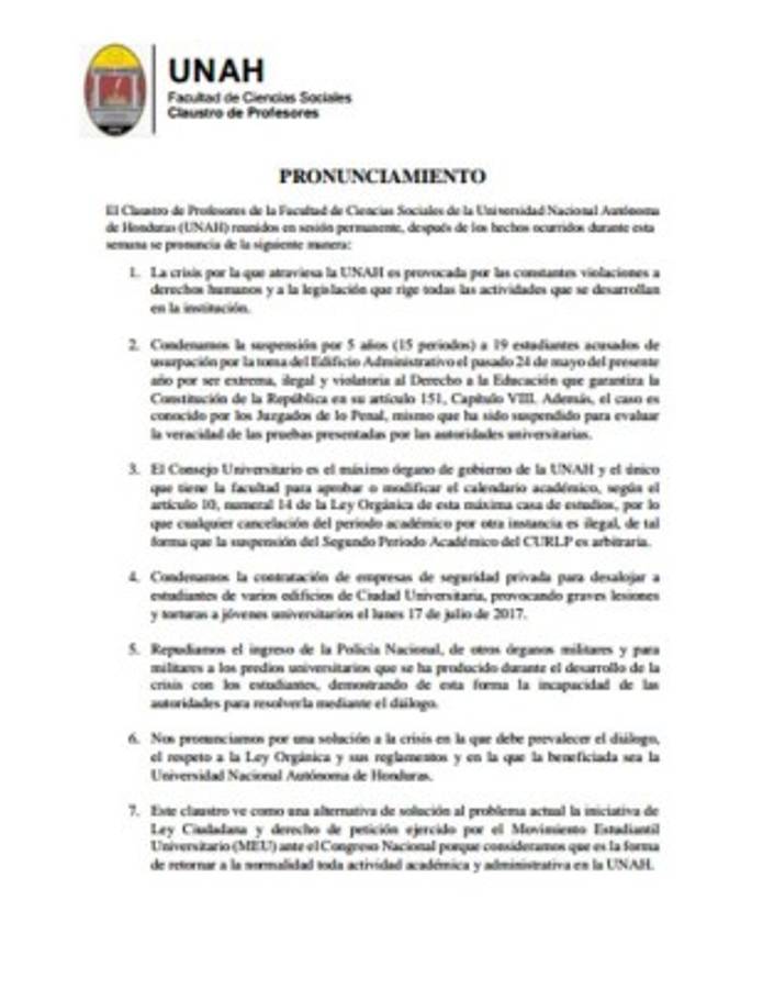 Claustro de Profesores de Ciencias sociales condena suspensión de 18 estudiantes de la UNAH