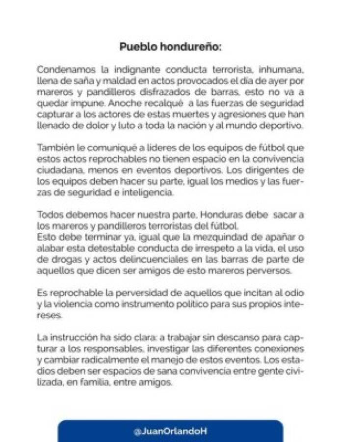 Esta fue la carta que publicó Juan Orlando Hernández en sus perfiles sociales.