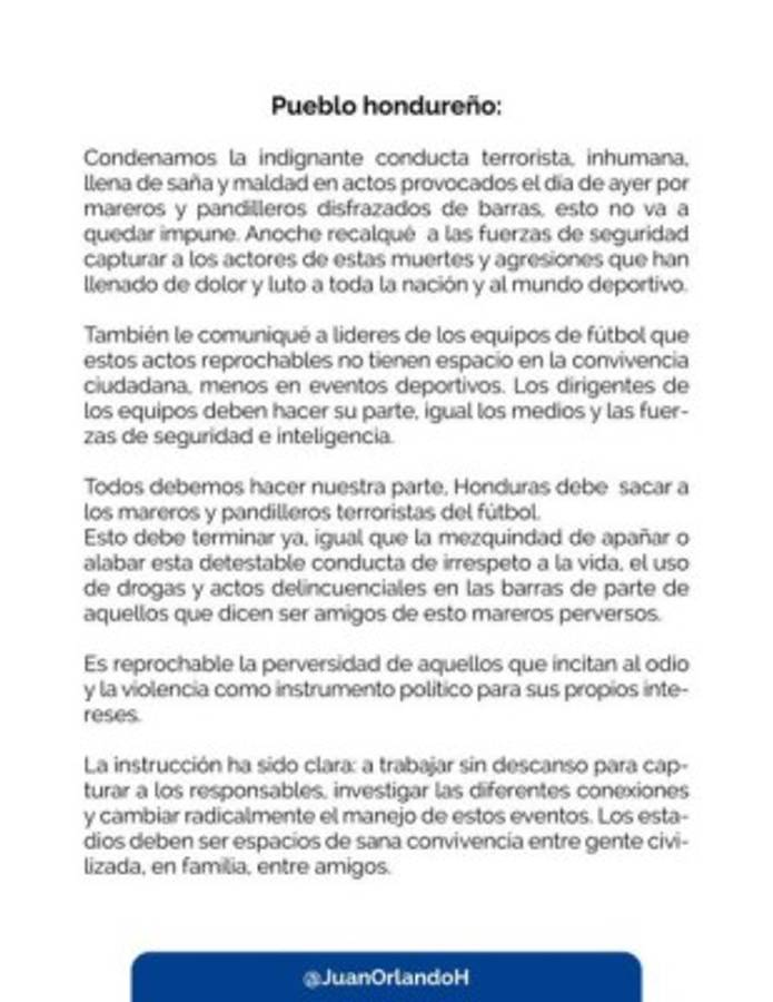 Esta fue la carta que publicó Juan Orlando Hernández en sus perfiles sociales.