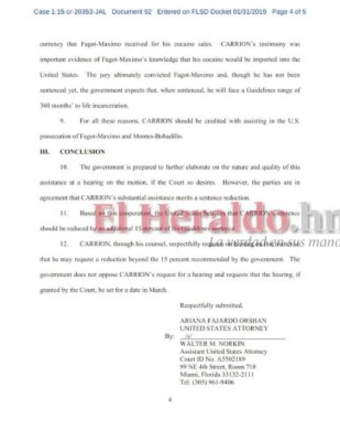 Justicia de Estados Unidos reduce condena a narco hondureño Ronald Carrión Zalabarria