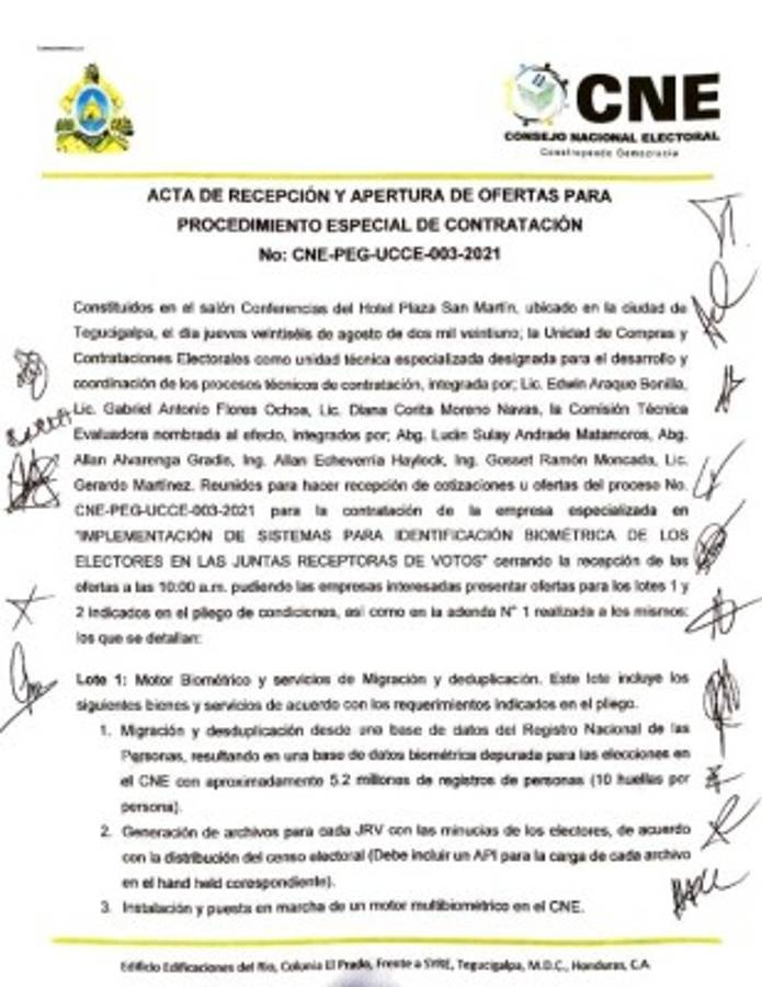Acta de recepción y apertura de ofertas para procedimiento especial de contratación