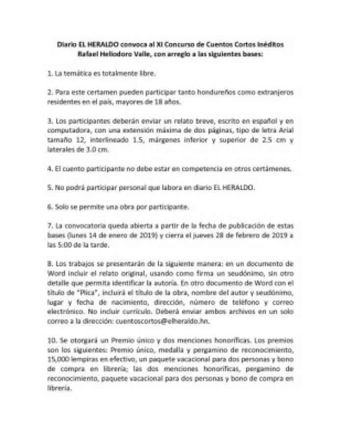 Bases del concurso de Cuentos Cortos EL HERALDO 2019 para adultos