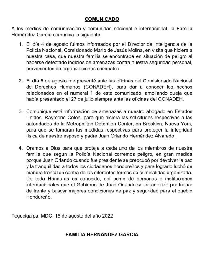 Familia del expresidente Hernández asegura que se encuentra en peligro