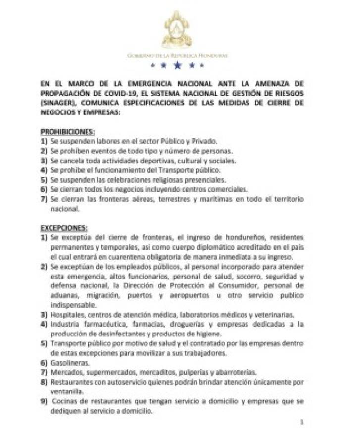 Documento sobre especificaciones de las medidas en Honduras ante coronavirus