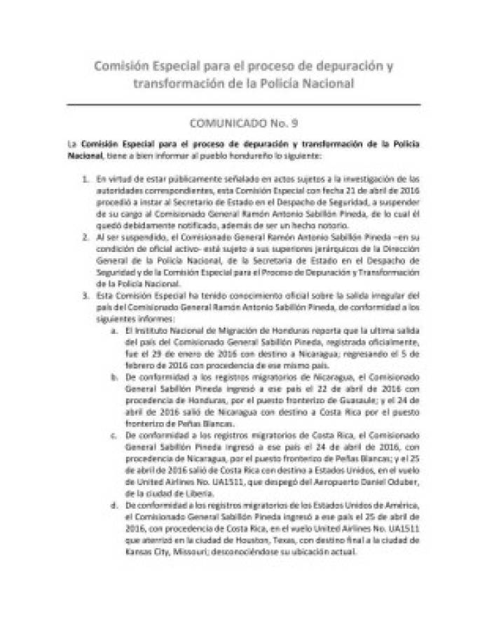 Comisión depuradora: Ramón Sabillón salió de Honduras de forma irregular