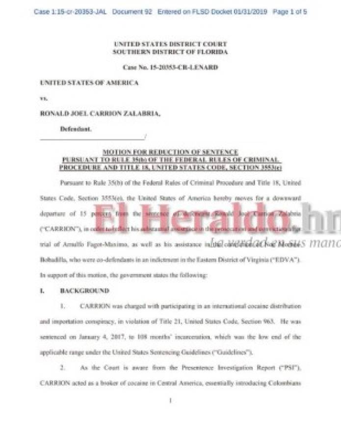 Justicia de Estados Unidos reduce condena a narco hondureño Ronald Carrión Zalabarria