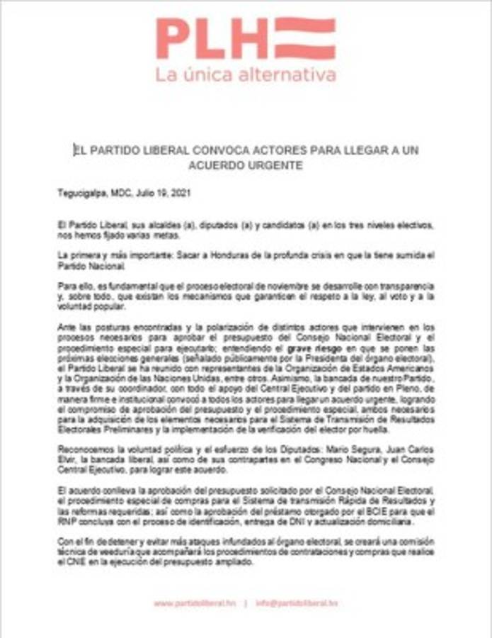 Partido Liberal urge acuerdo para garantizar presupuesto para el proceso electoral