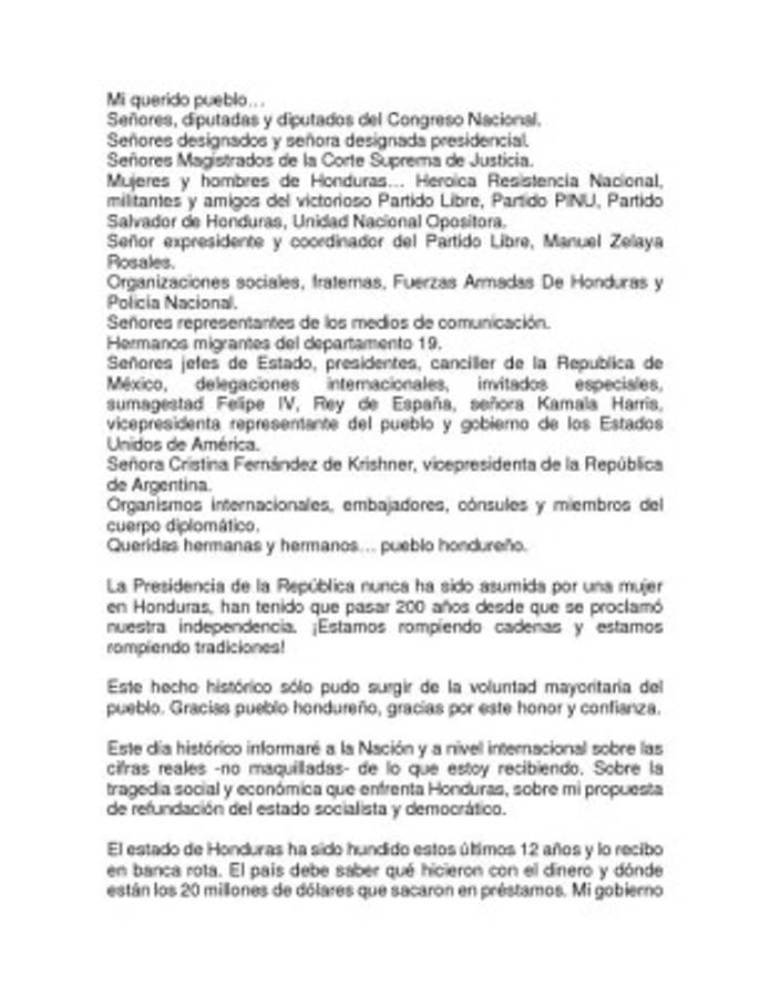 Discurso íntegro de Xiomara Castro (PDF)