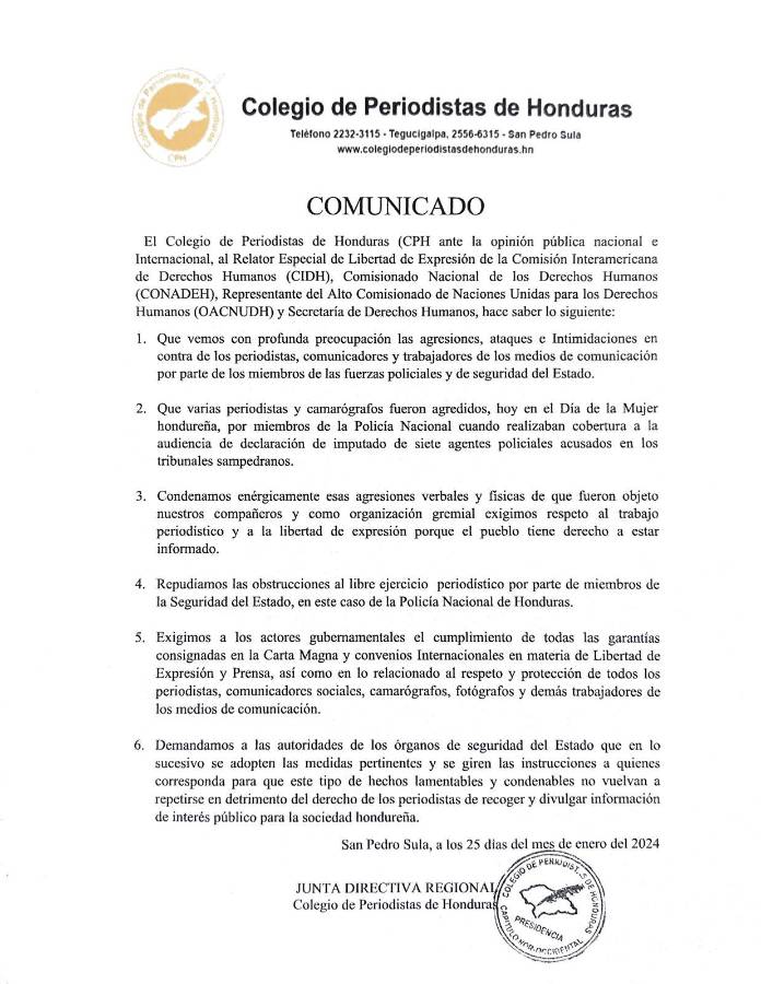 Colegio de Periodistas condena agresión de policías a periodistas en SPS