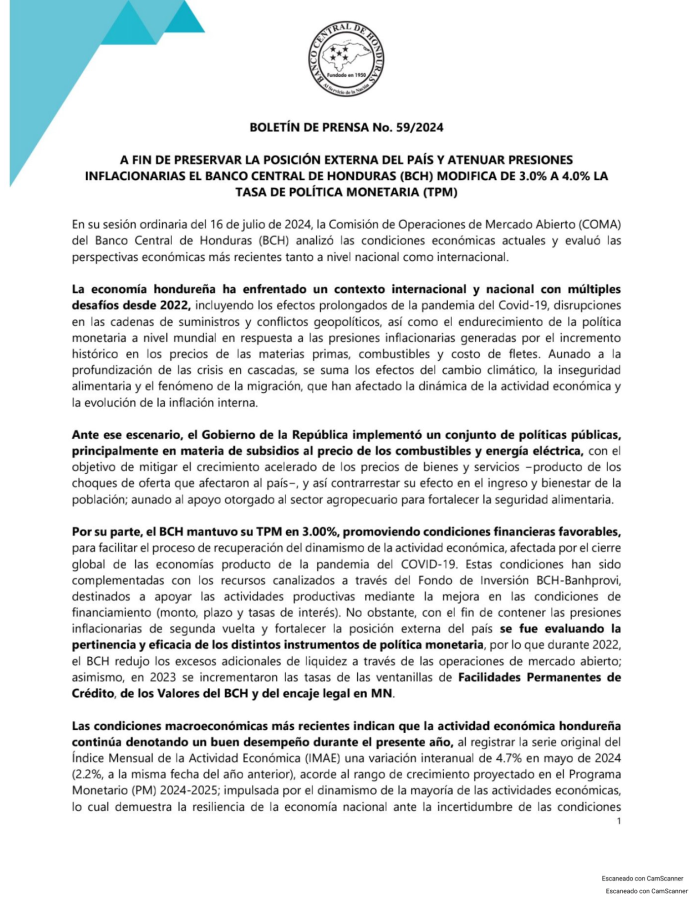 El BCH aumenta de 3% a 4% la Tasa de Política Monetaria
