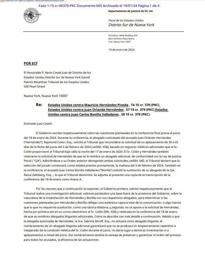 Fiscalía de EUA a favor de aplazar juicio de JOH y nombrar nuevo abogado