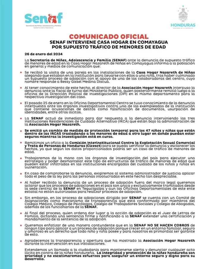 Por denuncia de tráfico de menores, intervienen casa hogar en Comayagua