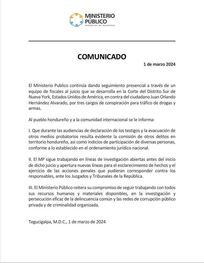 Ministerio Público estaría ejerciendo “acciones penales” tras relatos de testigos en juicio de JOH