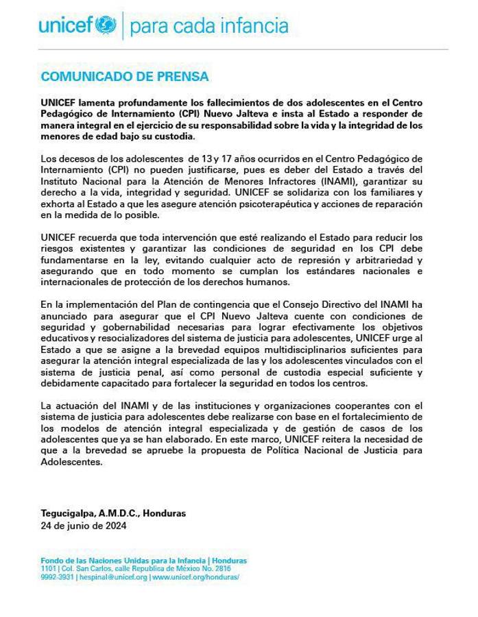 UNICEF exige al Estado seguridad para menores en CPI “ Nuevo Jalteva”