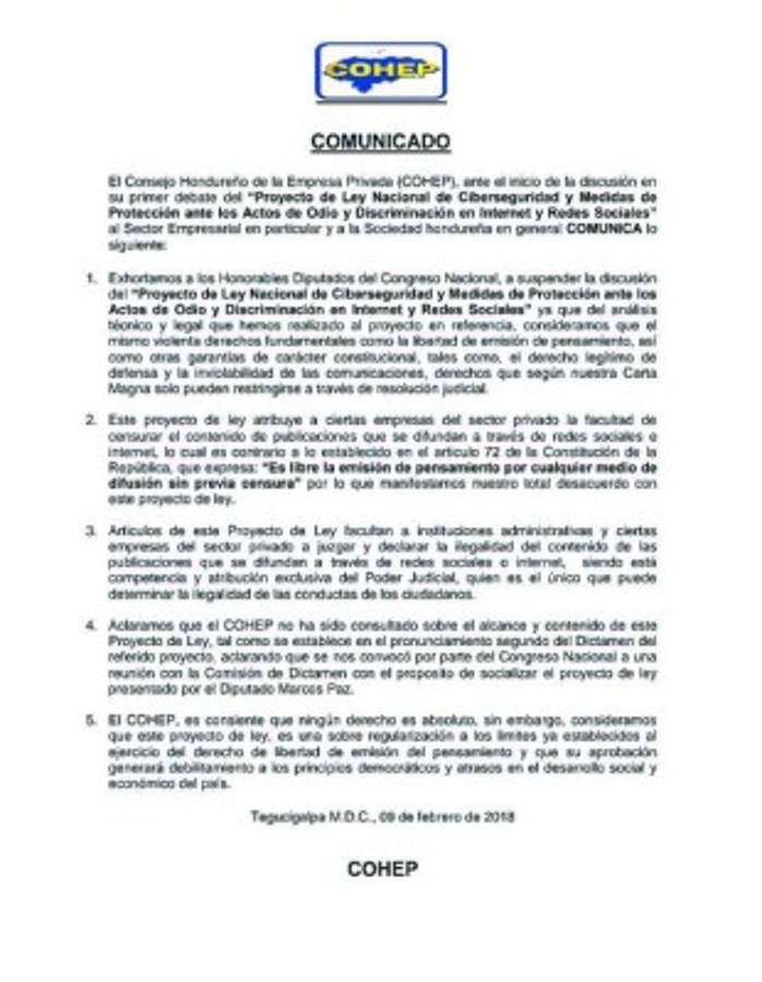Cohep y CPH piden suspender ley antiodio en las redes sociales