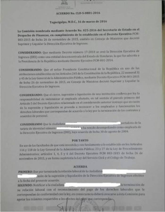 ¿Qué contiene la carta de despido a empleados de la DEI?