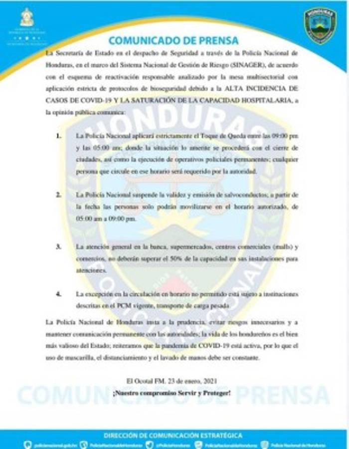 Medidas vigentes en Honduras a partir de este sábado debido a repunte de casos de covid-19