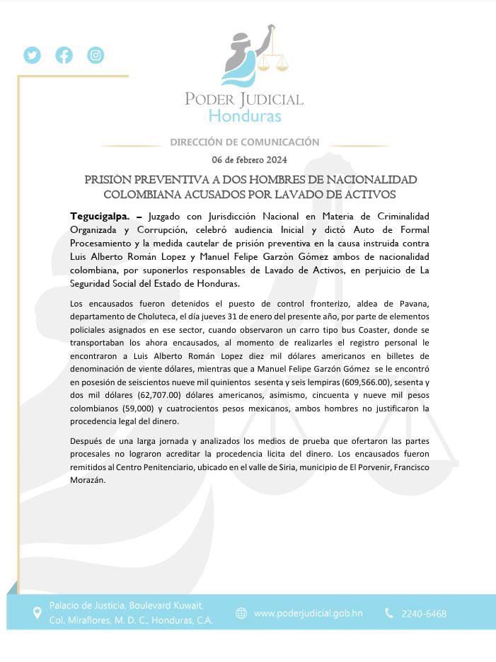 Prisión preventiva contra colombianos por lavado de activos en Honduras