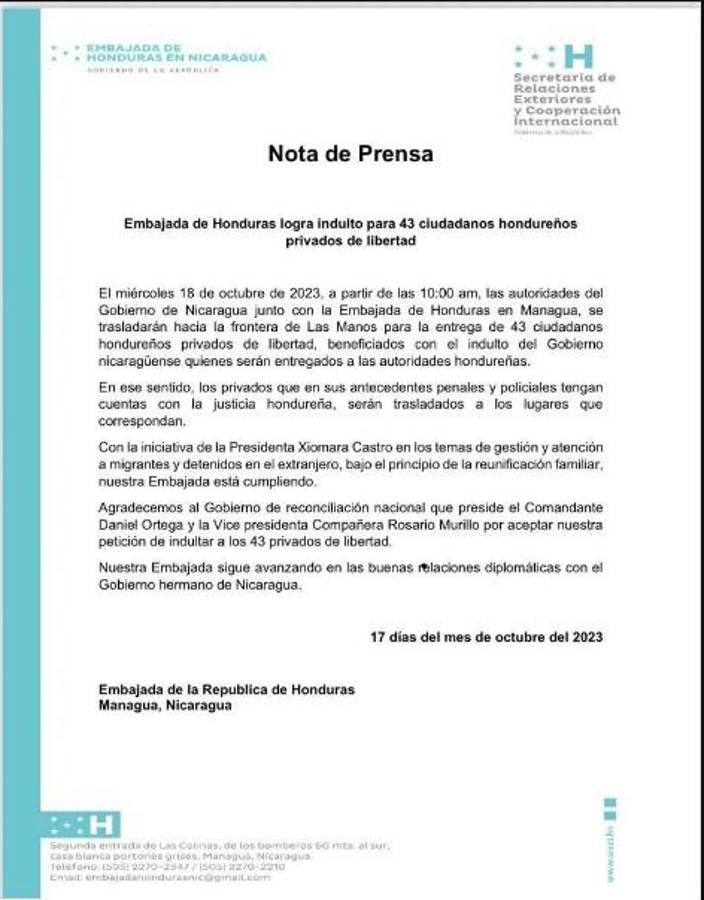 Daniel Ortega indulta a 43 hondureños detenidos en Nicaragua