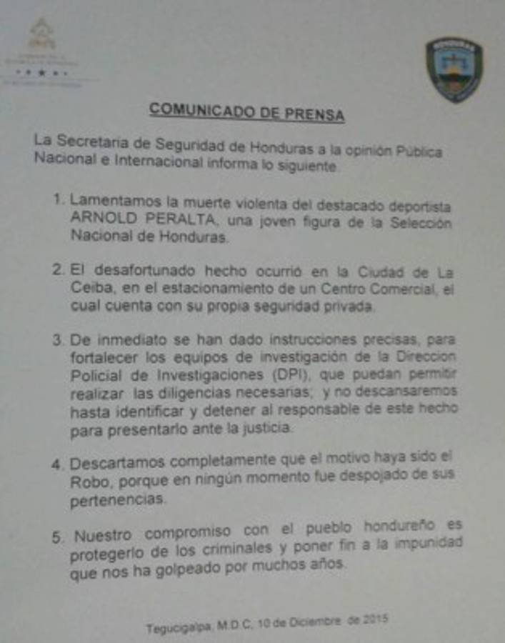 Seguridad descarta robo en la muerte de Peralta