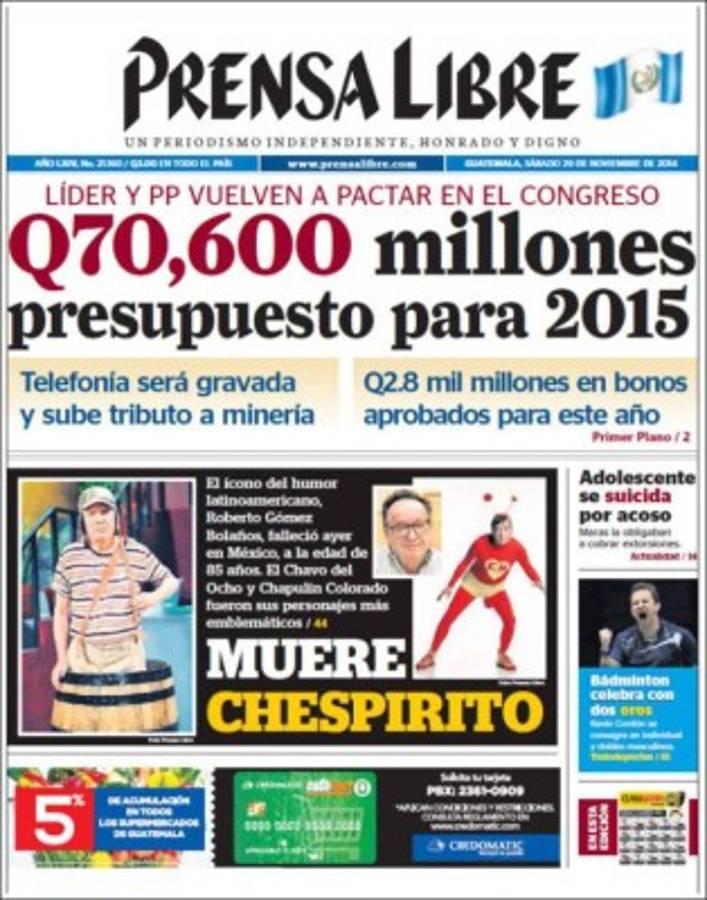 Muerte de Chespirito acaparó portadas de diarios