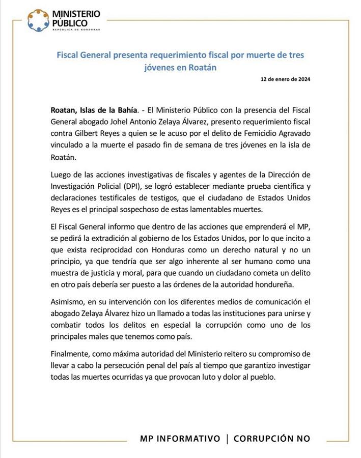 Presentan requerimiento fiscal contra sospechoso de asesinato de tres jóvenes en Roatán