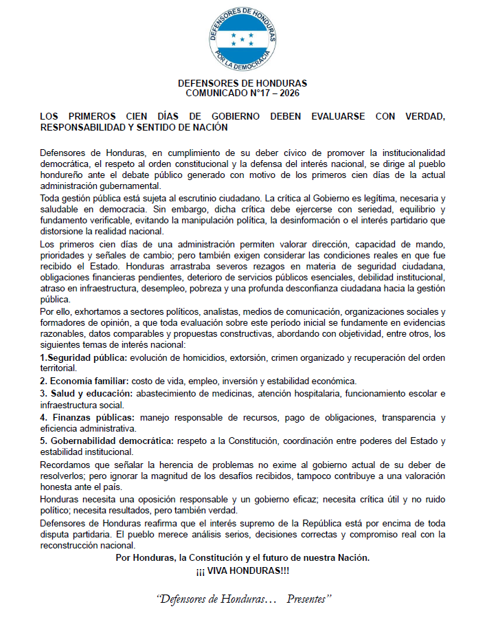 Comunicado de Defensores de Honduras.