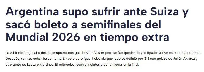 Lo que dicen los medios tras polémico triunfo de Argentina sobre Suiza para avanzar a semis