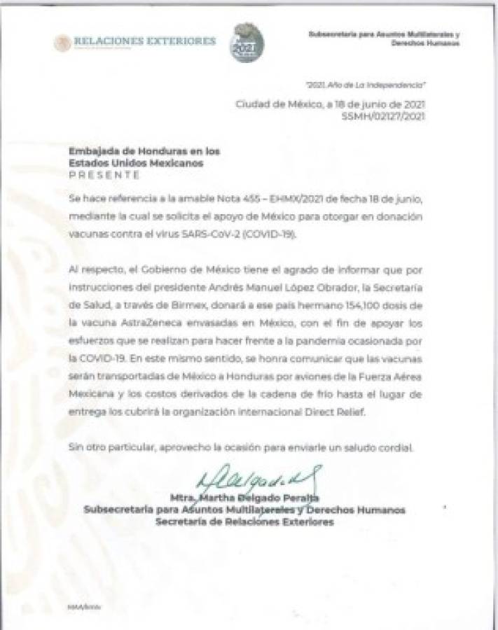 Canciller Rosales: México donará 154,100 dosis de vacuna AstraZeneca a Honduras