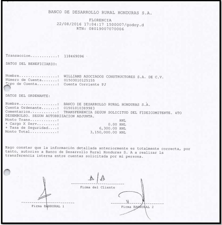 $!Transacción de 3,500,000 lempiras a la cuenta 1503010125155 a nombre de Williams Asociados Constructores, por concepto del bono habitacional en el proyecto Villas Bertilia, ubicado en Choluteca, donde el desarrollador debía entregar 100 viviendas, pero solo construyó, al final el contrato 43, incumpliendo con 57 casas.