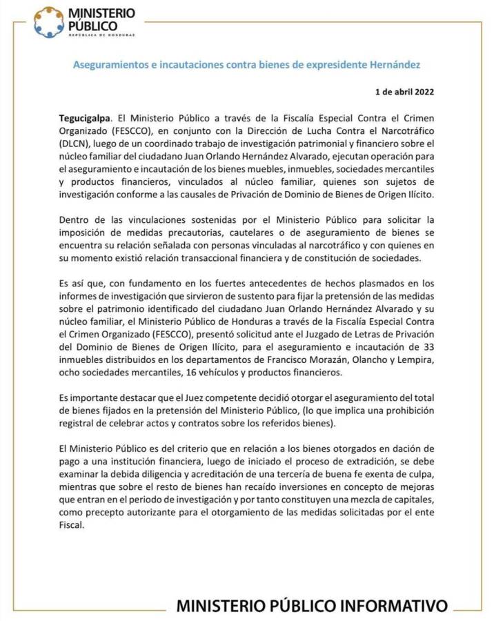Ministerio Público asegura bienes de Juan Orlando Hernández