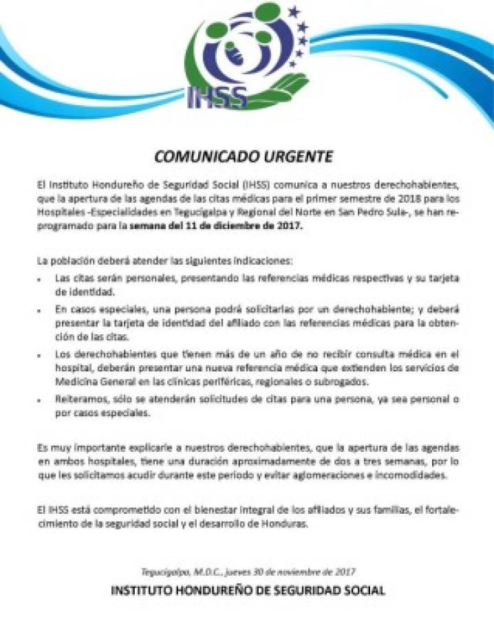 Instituto Hondureño de Seguridad Social programará citas para 2018 a partir del 11 de diciembre