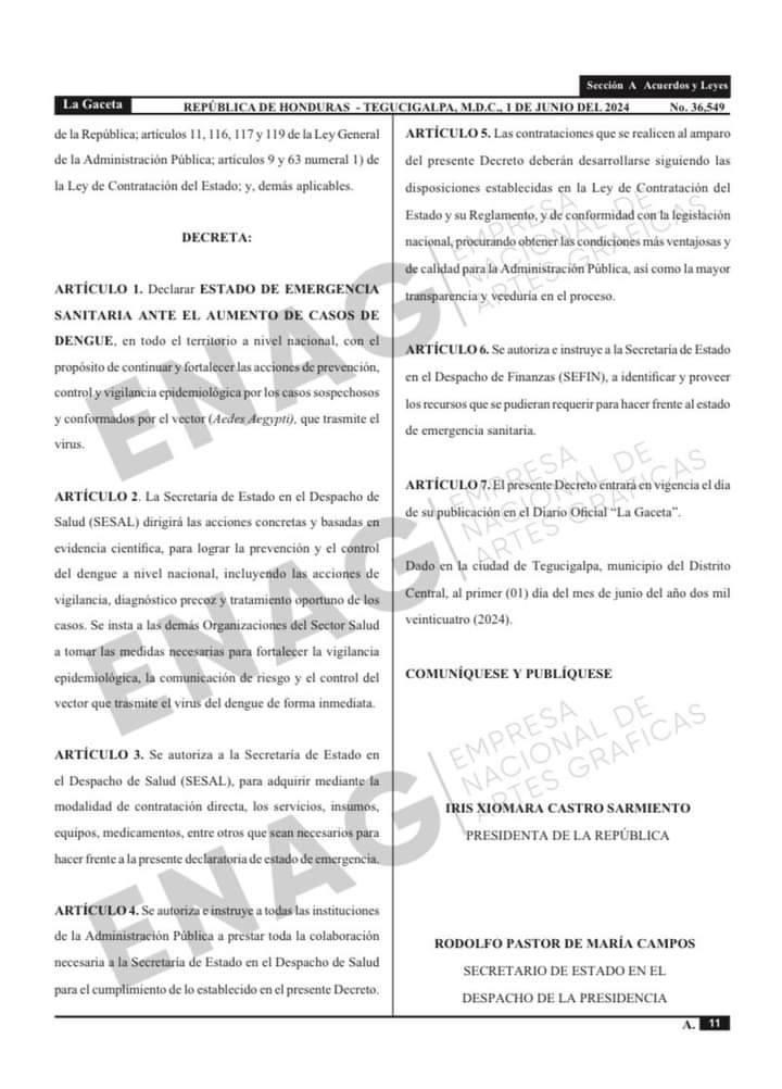 Publican en La Gaceta decreto que declara emergencia por aumento de casos de dengue en Honduras