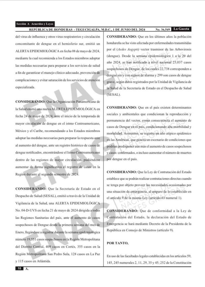Publican en La Gaceta decreto que declara emergencia por aumento de casos de dengue en Honduras