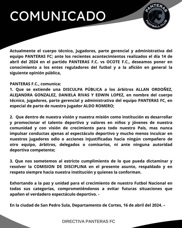 Comunicado oficial de Panteras FC.